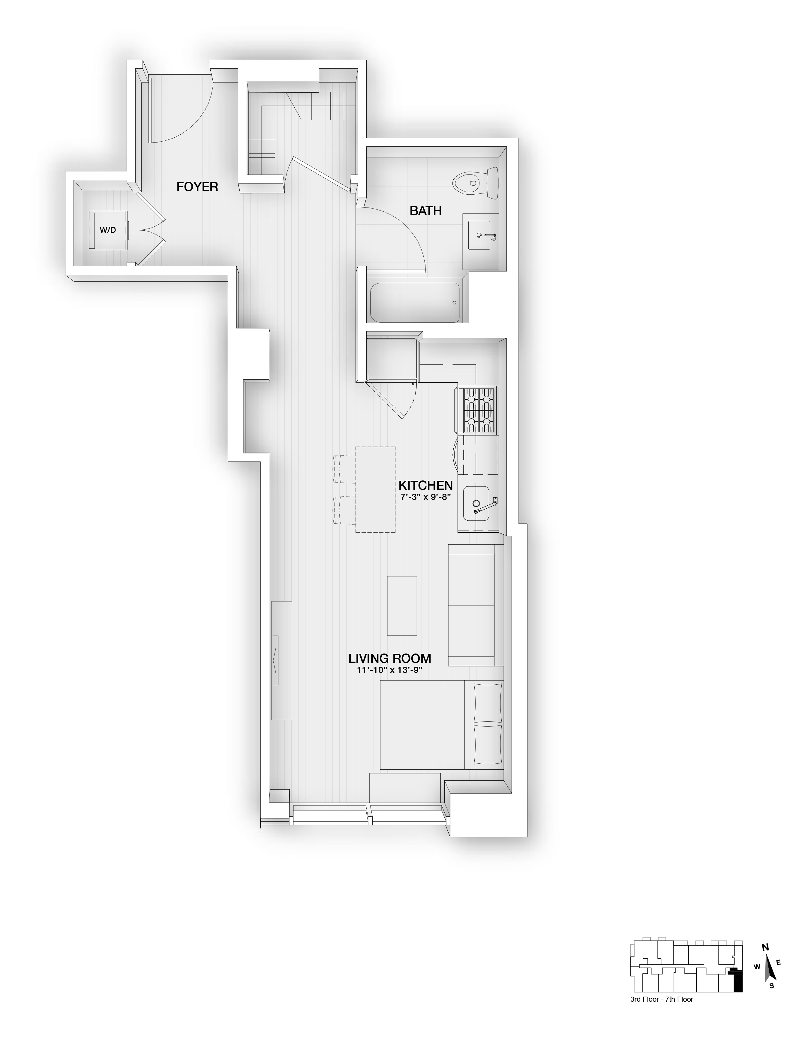 Floor plan for studio, 1 bath, 557 sqft